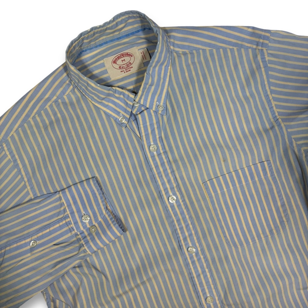 Brooks Brothers M Stripe Button Down Shirt All Cotton Slim Fit Long Sleeve Blue‎